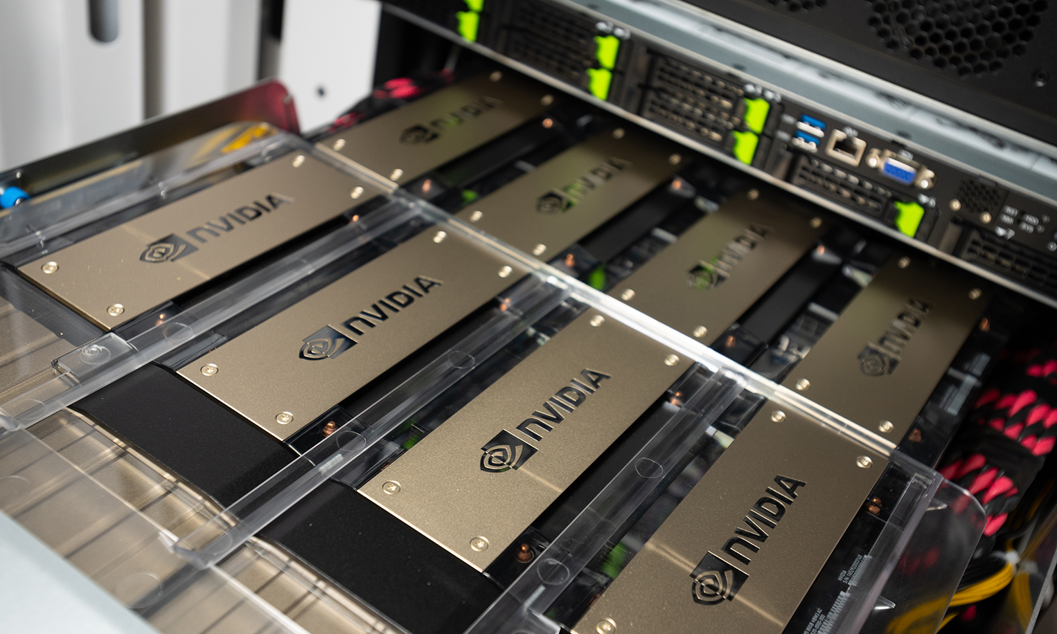 The Georgia Tech AI Makerspace is a supercomputer hub dedicated exclusively to teaching students. The first phase of the endeavor is powered by 20 NVIDIA HGX H100 systems, housing 160 NVIDIA H100 Tensor Core GPUs (graphics processing units), one of the most powerful computational accelerators capable of enabling and supporting advanced AI and machine learning efforts. (Photo: Candler Hobbs)