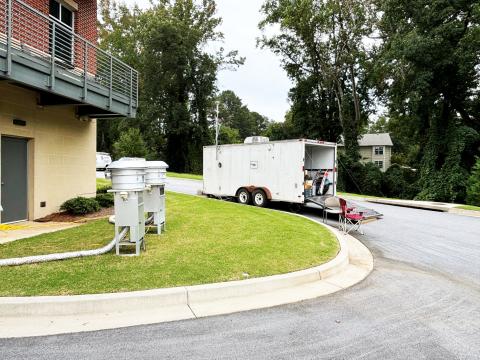 The School of Earth and Atmospheric Sciences' air quality trailer in Conyers, Georgia (Photo Credit: Greg Huey Research Group) The School of Earth and Atmospheric Sciences' air quality trailer in Conyers, Georgia (Photo Credit: Greg Huey Research Group)