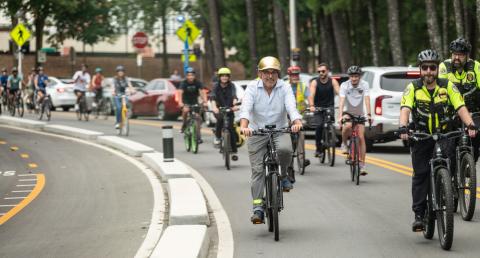 Cyclists on the campus cycle track along Ferst Drive