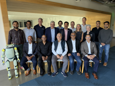 Georgia Tech President Ángel Cabrera, Amazon Vice President Tapas Roy, and Sprout of Fauna Robotics, along with Amazon and Georgia Tech leadership at a visit to Lab 126 in Sunnyvale, CA in September 2026.