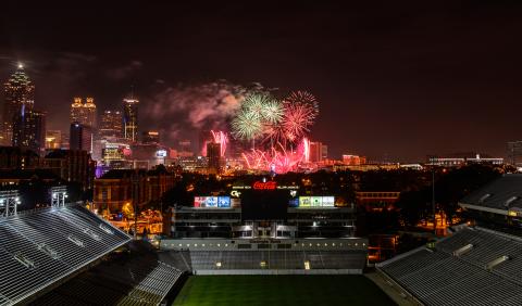 Fourth of July fireworks seen from Bobby Dodd Stadium at Georgia Tech. 
